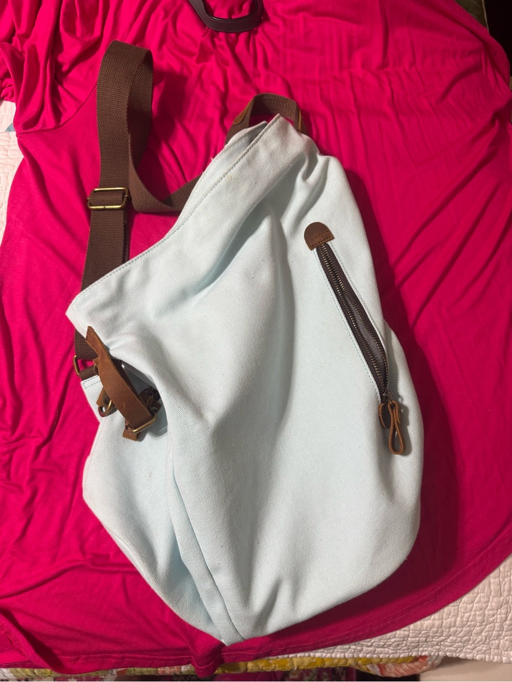 Seafoam Ruck Sack Canvas Sling Bag Backpack with Brown Leather Accents